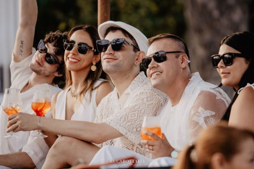 White Dress beach party at Savoy Beach Club Paestum for a destination wedding.